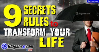 A man in a suit and red tie holds an umbrella over himself while it rains, with a dark, digital background. Yellow and white text reads: 9 Secrets Rules to Transform Your Life.