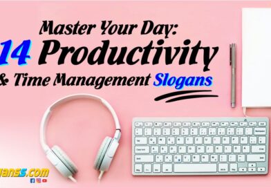 A top-down view of a pink desk with headphones, a keyboard, a mouse, and a notebook with text "Master Your Day: 14 Productivity & Time Management Slogans. File Name: master-your-day-productivity-slogans.jpg. Image Title: 14 Productivity Slogans.
