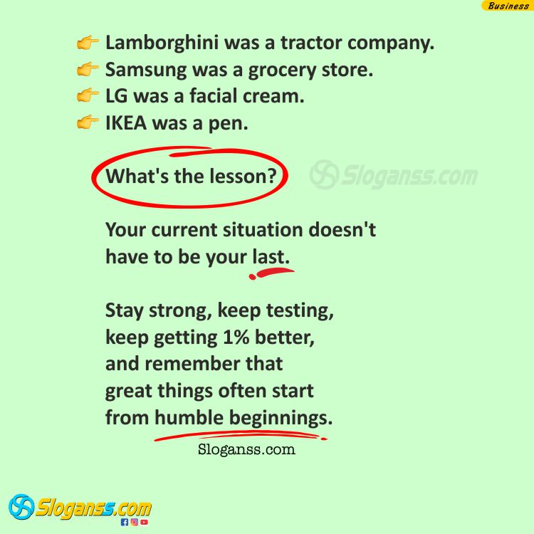 Infographic listing famous brands like Lamborghini, Samsung, and IKEA, showing their humble beginnings with the lesson "Your current situation doesn't have to be your last. (Overcoming Failure)