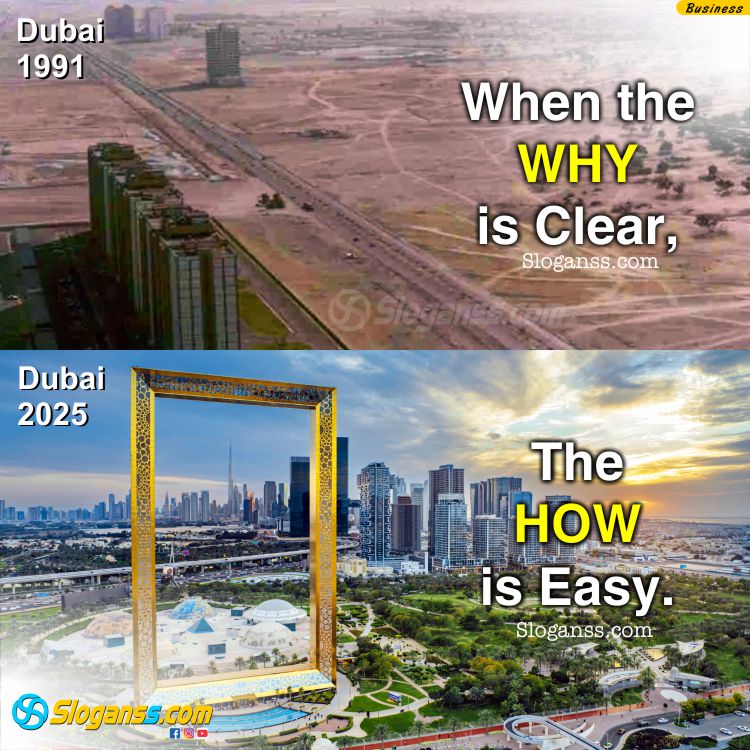 Comparison of Dubai in 1991 vs 2025 with text "When the WHY is Clear, The HOW is Easy. (14 Productivity & Time Management Slogans)
