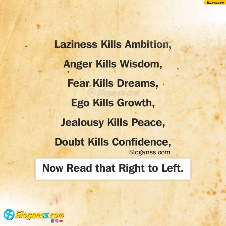List of negative traits (Laziness, Anger, Fear, Ego, etc.) and their consequences, encouraging readers to read from right to left. (14 Productivity & Time Management Slogans)
